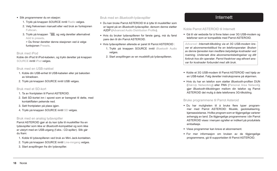 Internett | Parrot ASTEROID Classic User Manual | Page 18 / 80