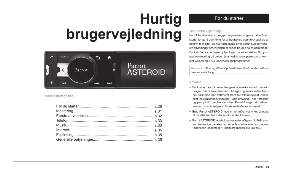 Hurtig brugervejledning | Parrot ASTEROID Classic User Manual | Page 29 / 80