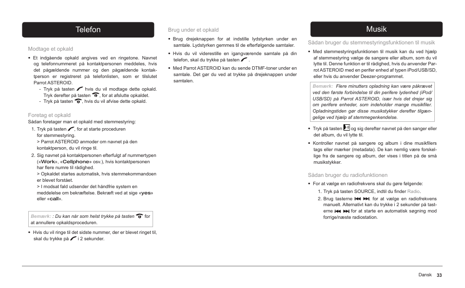 Telefon, Musik | Parrot ASTEROID Classic User Manual | Page 33 / 80