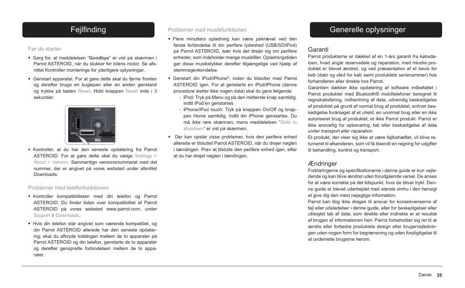 Fejlfinding, Generelle oplysninger | Parrot ASTEROID Classic User Manual | Page 35 / 80