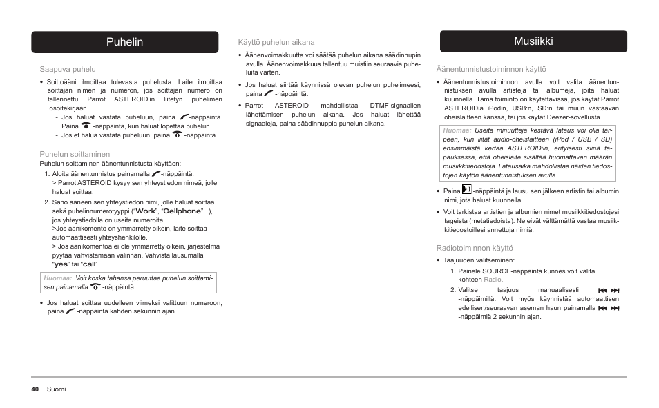 Puhelin, Musiikki | Parrot ASTEROID Classic User Manual | Page 40 / 80