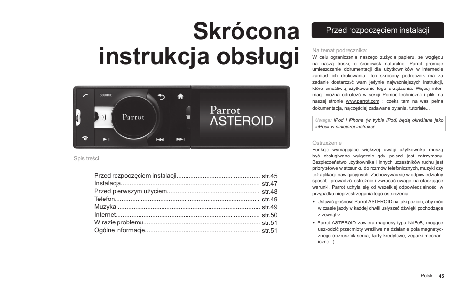 Skrócona instrukcja obsługi | Parrot ASTEROID Classic User Manual | Page 45 / 80