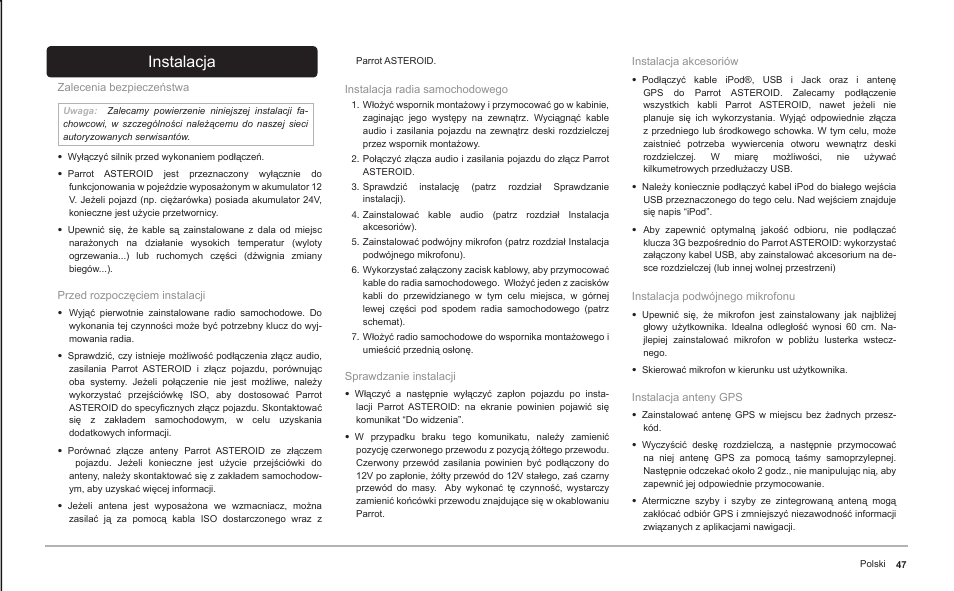 Instalacja | Parrot ASTEROID Classic User Manual | Page 47 / 80