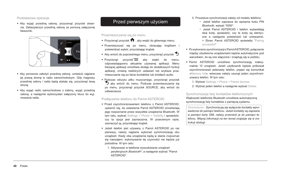 Przed pierwszym użyciem | Parrot ASTEROID Classic User Manual | Page 48 / 80