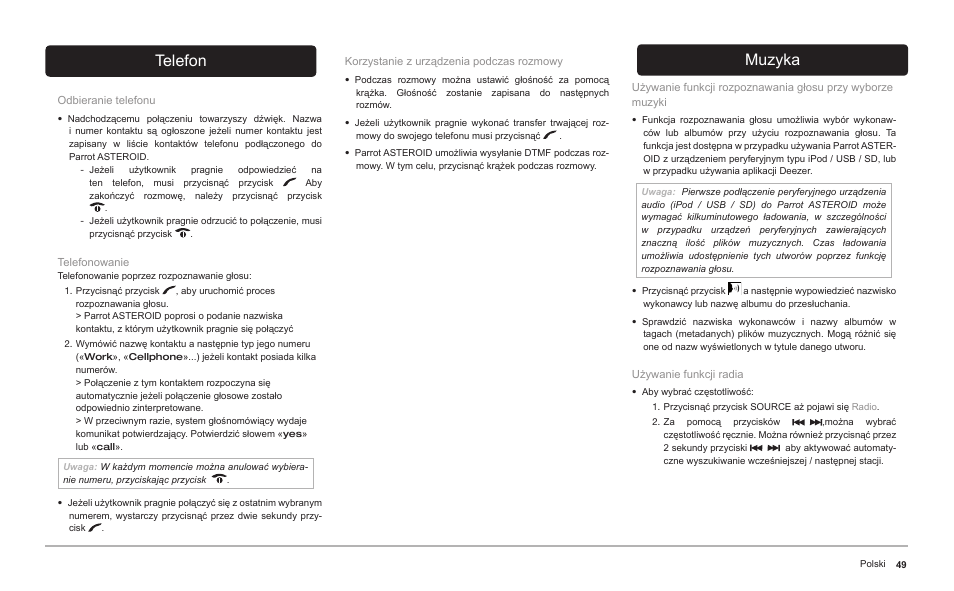 Telefon, Muzyka | Parrot ASTEROID Classic User Manual | Page 49 / 80