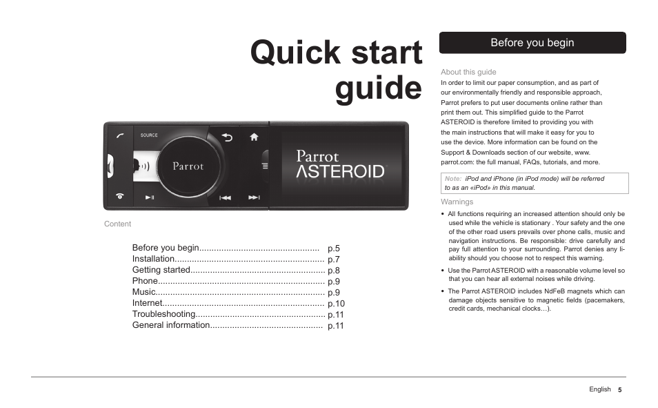 Quick start guide | Parrot ASTEROID Classic User Manual | Page 5 / 80