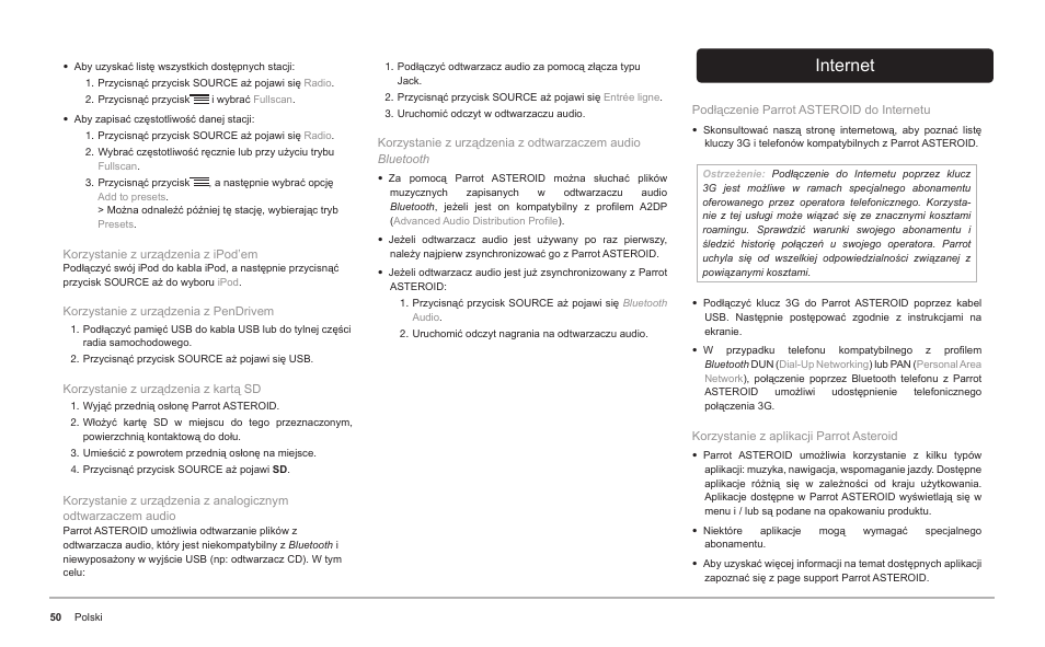 Internet | Parrot ASTEROID Classic User Manual | Page 50 / 80