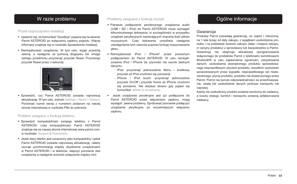 W razie problemu, Ogólne informacje | Parrot ASTEROID Classic User Manual | Page 51 / 80