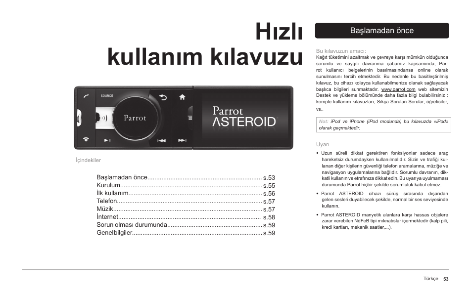 Hızlı kullanım kılavuzu | Parrot ASTEROID Classic User Manual | Page 53 / 80