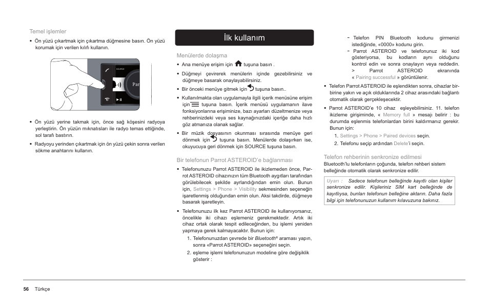 Ilk kullanım | Parrot ASTEROID Classic User Manual | Page 56 / 80