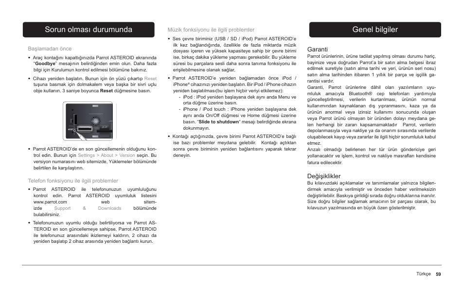 Sorun olması durumunda, Genel bilgiler | Parrot ASTEROID Classic User Manual | Page 59 / 80