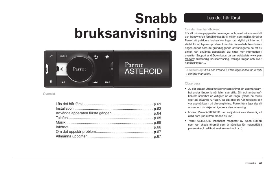 Snabb bruksanvisning | Parrot ASTEROID Classic User Manual | Page 61 / 80