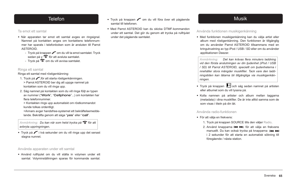 Telefon, Musik | Parrot ASTEROID Classic User Manual | Page 65 / 80