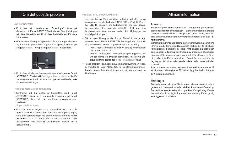 Om det uppstår problem, Allmän information | Parrot ASTEROID Classic User Manual | Page 67 / 80