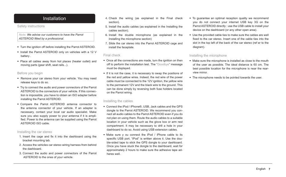 Installation | Parrot ASTEROID Classic User Manual | Page 7 / 80