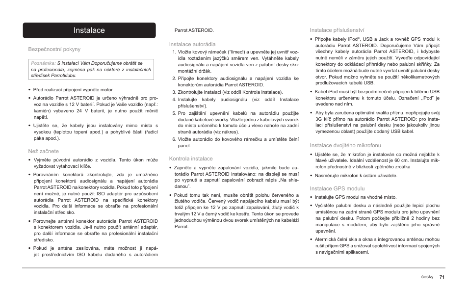 Instalace | Parrot ASTEROID Classic User Manual | Page 71 / 80