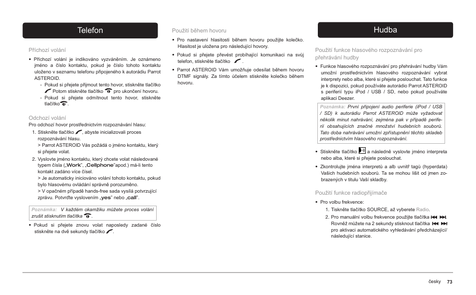 Telefon, Hudba | Parrot ASTEROID Classic User Manual | Page 73 / 80