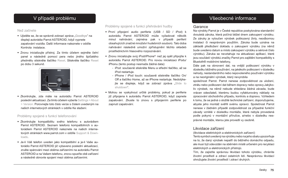 V případě problému, Všeobecné informace | Parrot ASTEROID Classic User Manual | Page 75 / 80
