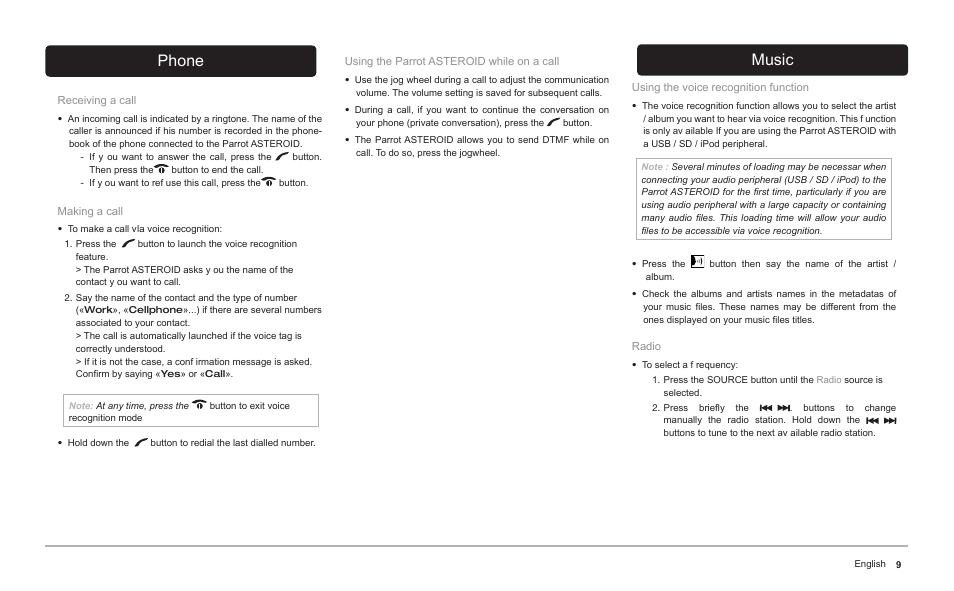 Phone, Music | Parrot ASTEROID Classic User Manual | Page 9 / 80