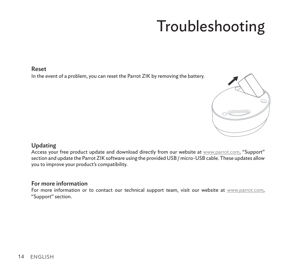 Troubleshooting | Parrot Zik User Manual | Page 14 / 104