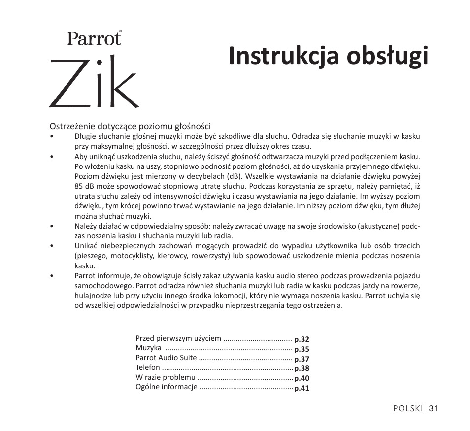 Instrukcja obsługi | Parrot Zik User Manual | Page 31 / 104