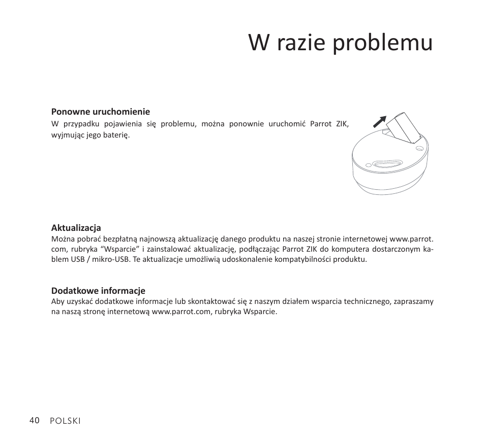 W razie problemu | Parrot Zik User Manual | Page 40 / 104