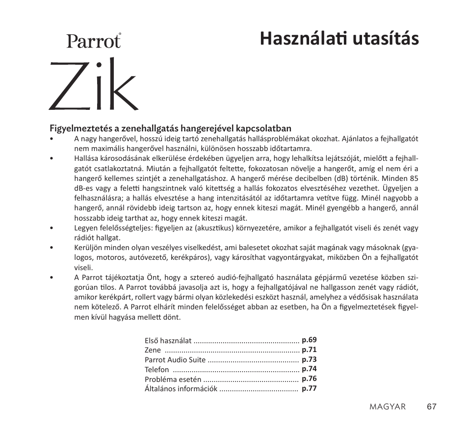 Használati utasítás | Parrot Zik User Manual | Page 67 / 104