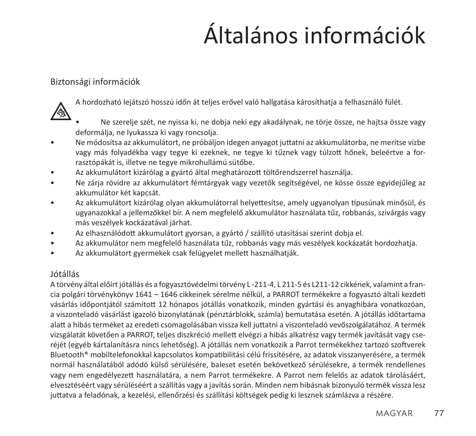 Általános információk | Parrot Zik User Manual | Page 77 / 104