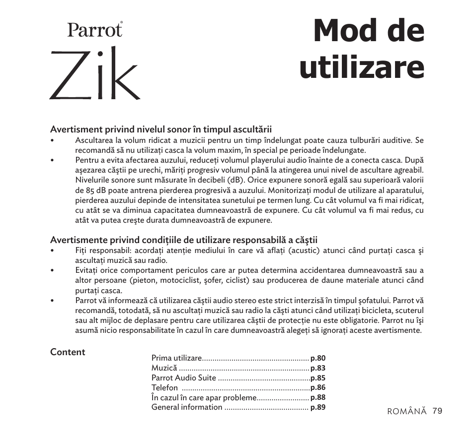 Mod de utilizare | Parrot Zik User Manual | Page 79 / 104