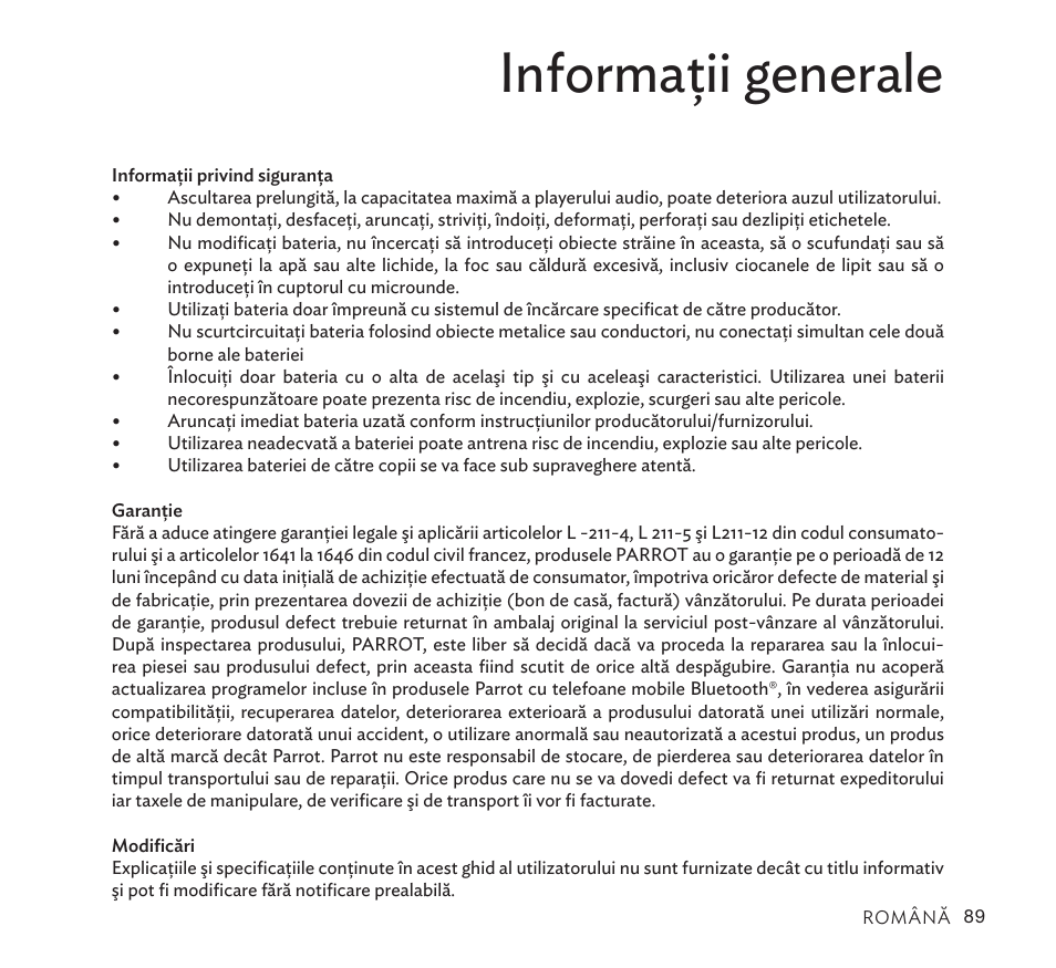 Informaţii generale | Parrot Zik User Manual | Page 89 / 104