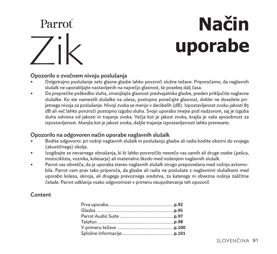 Način uporabe | Parrot Zik User Manual | Page 91 / 104