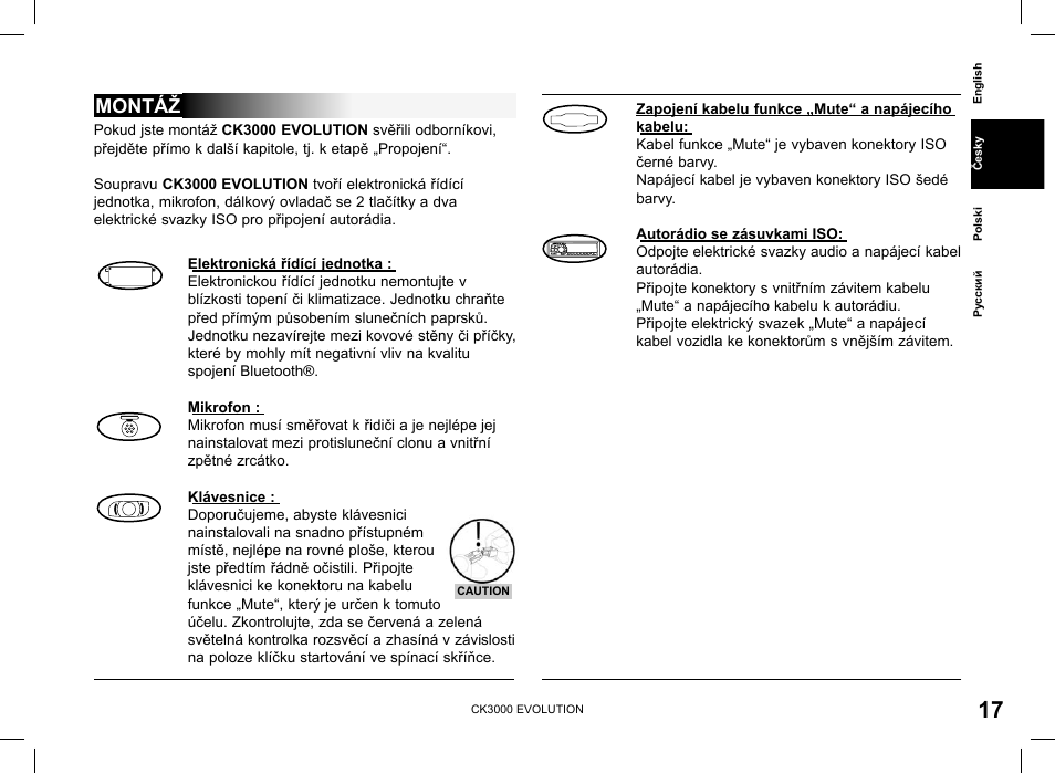Montáž | Parrot CK3000 Evolution User Manual | Page 17 / 48