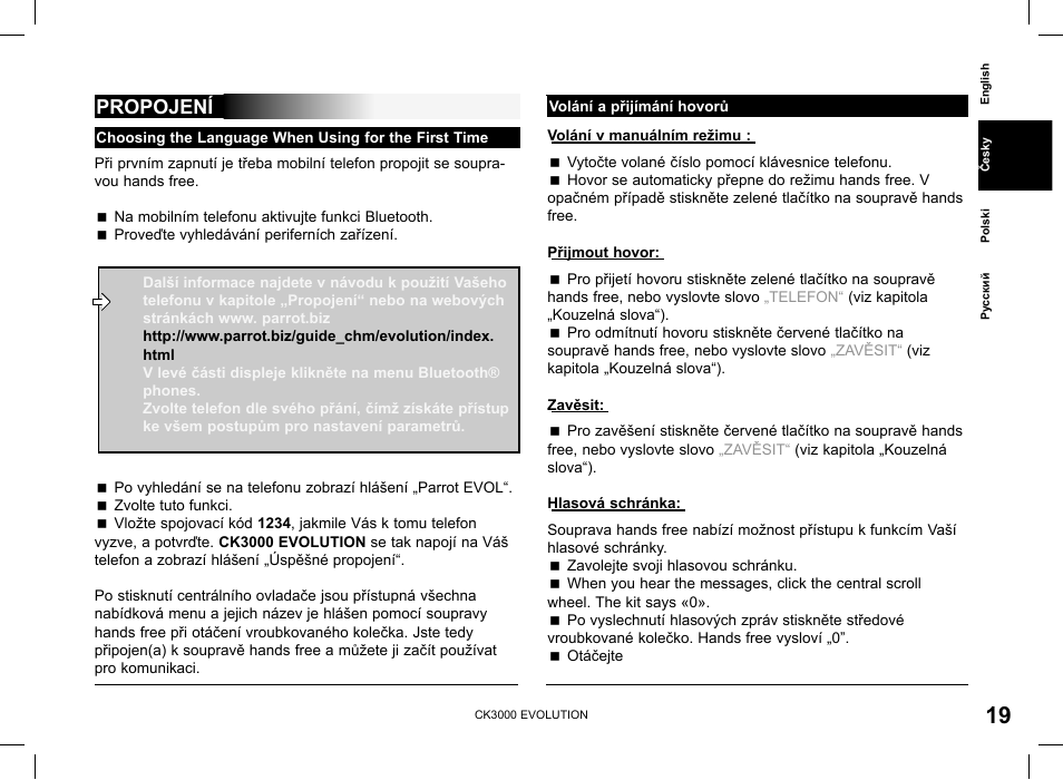 Propojení | Parrot CK3000 Evolution User Manual | Page 19 / 48