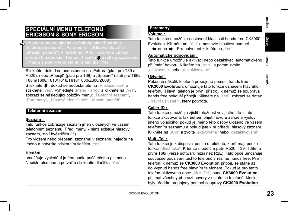 Speciální menu telefonů ericsson & sony ericson | Parrot CK3000 Evolution User Manual | Page 23 / 48