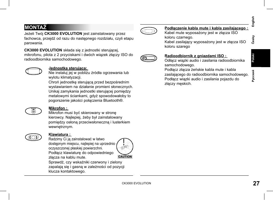 Montaż | Parrot CK3000 Evolution User Manual | Page 27 / 48