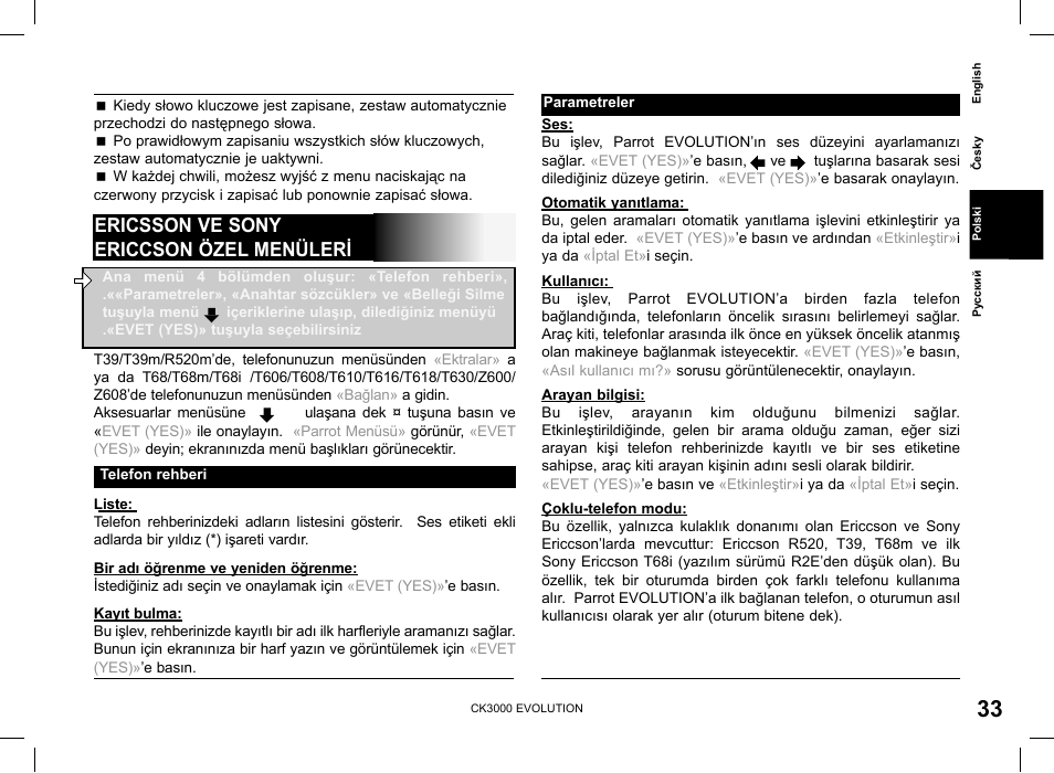 Ericsson ve sony ericcson özel menüleri | Parrot CK3000 Evolution User Manual | Page 33 / 48