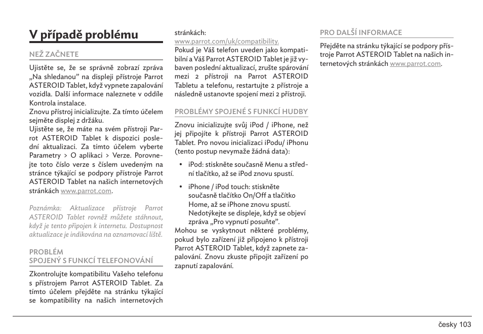 V případě problému | Parrot ASTEROID Tablet User Manual | Page 103 / 152