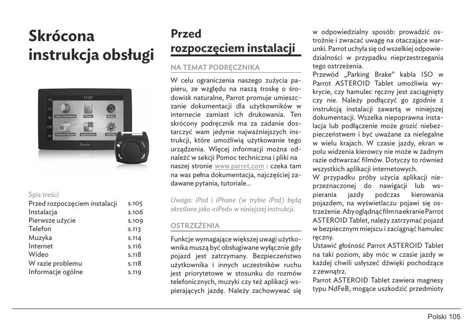 Skrócona instrukcja obsługi, Przed rozpoczęciem instalacji | Parrot ASTEROID Tablet User Manual | Page 105 / 152