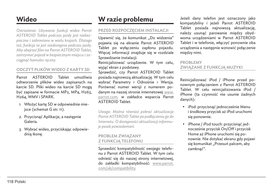 Wideo, W razie problemu | Parrot ASTEROID Tablet User Manual | Page 118 / 152