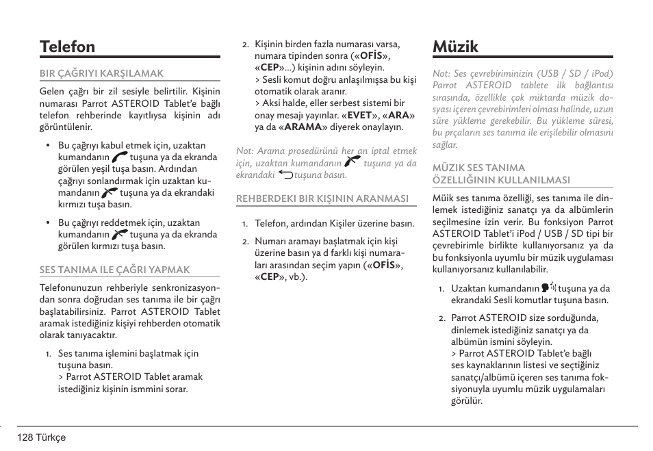 Telefon, Müzik | Parrot ASTEROID Tablet User Manual | Page 128 / 152