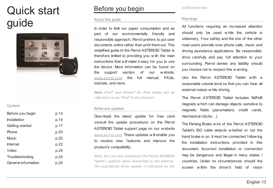 Quick start guide, Before you begin | Parrot ASTEROID Tablet User Manual | Page 13 / 152