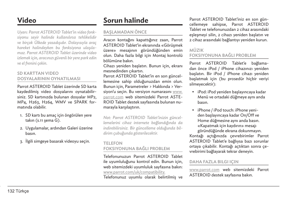 Video, Sorun halinde | Parrot ASTEROID Tablet User Manual | Page 132 / 152