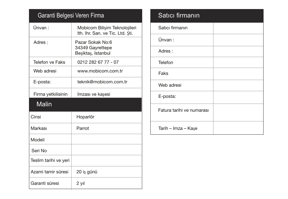 Garanti belgesi veren firma, Malin, Satıcı firmanın | Parrot ASTEROID Tablet User Manual | Page 150 / 152
