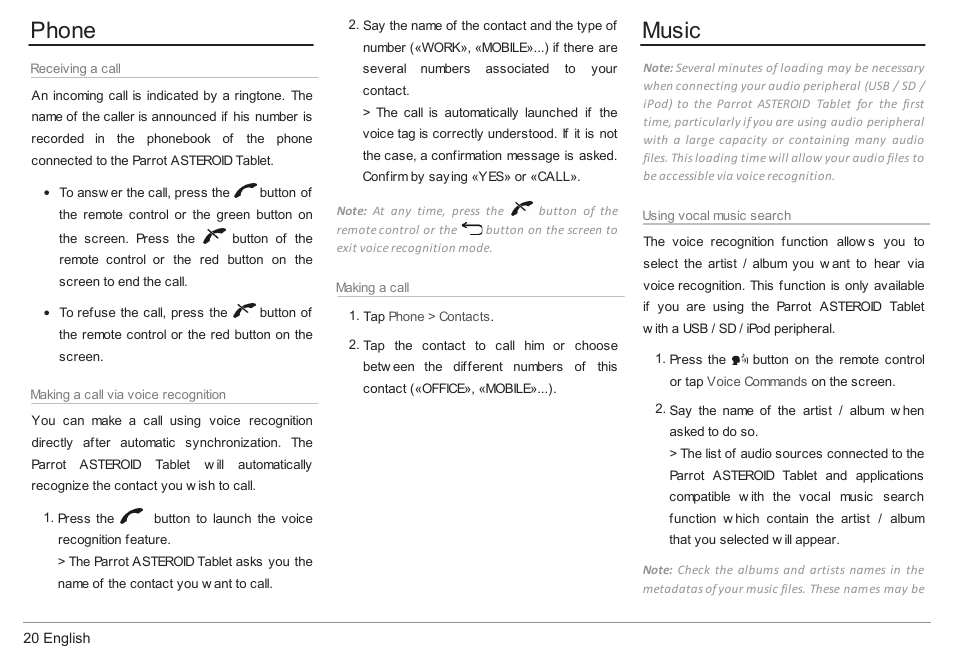 Phone, Music | Parrot ASTEROID Tablet User Manual | Page 20 / 152