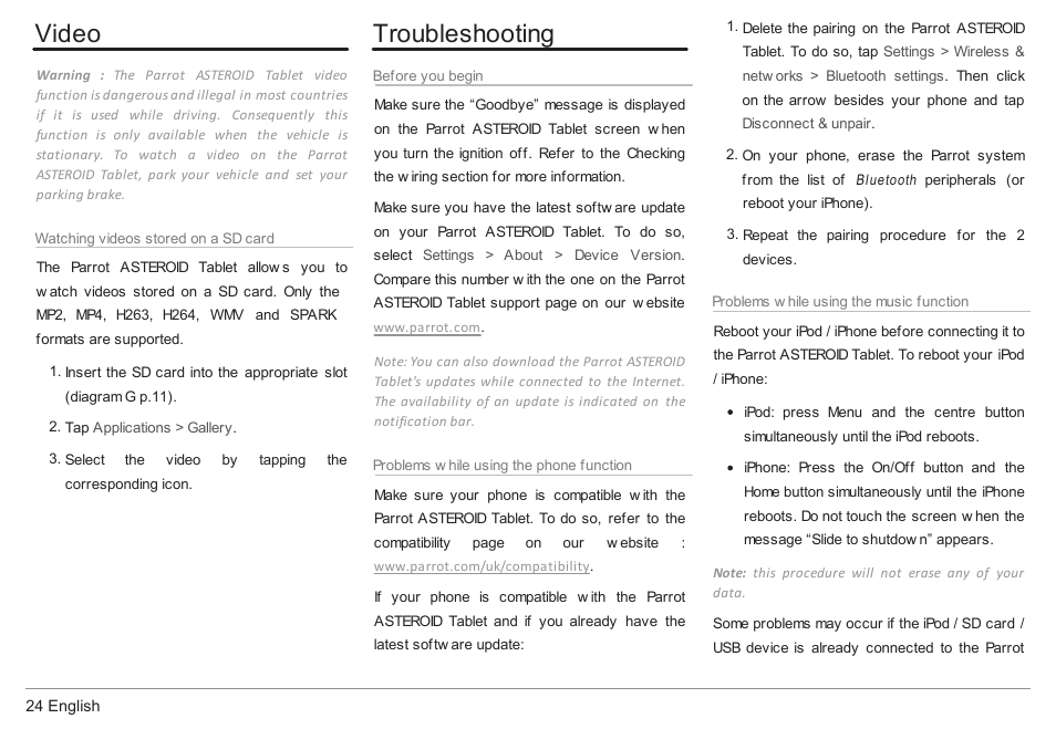 Video, Troubleshooting | Parrot ASTEROID Tablet User Manual | Page 24 / 152