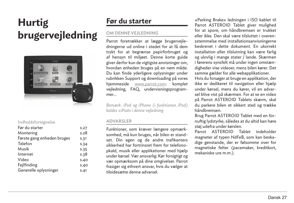 Hurtig brugervejledning, Før du starter | Parrot ASTEROID Tablet User Manual | Page 27 / 152