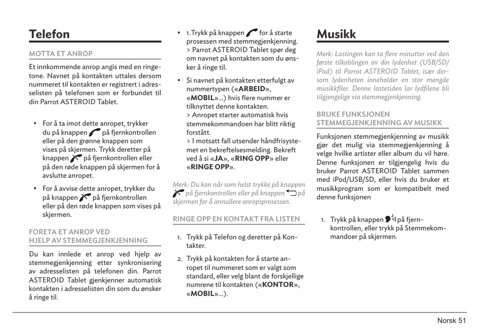 Telefon, Musikk | Parrot ASTEROID Tablet User Manual | Page 51 / 152