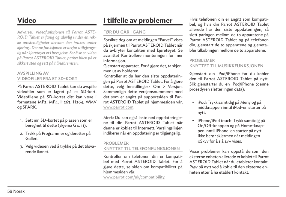 Video, I tilfelle av problemer | Parrot ASTEROID Tablet User Manual | Page 56 / 152