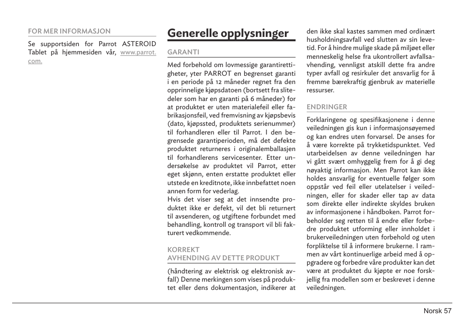 Generelle opplysninger | Parrot ASTEROID Tablet User Manual | Page 57 / 152