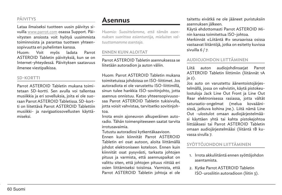 Asennus | Parrot ASTEROID Tablet User Manual | Page 60 / 152